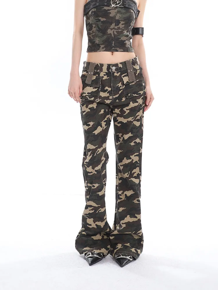 Crista Denim Army Green Camouflage High Waist Multi-Pocket Jeans Pants