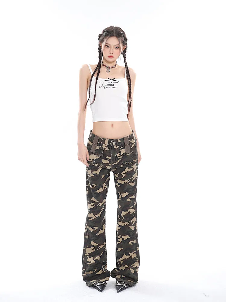 Crista Denim Army Green Camouflage High Waist Multi-Pocket Jeans Pants