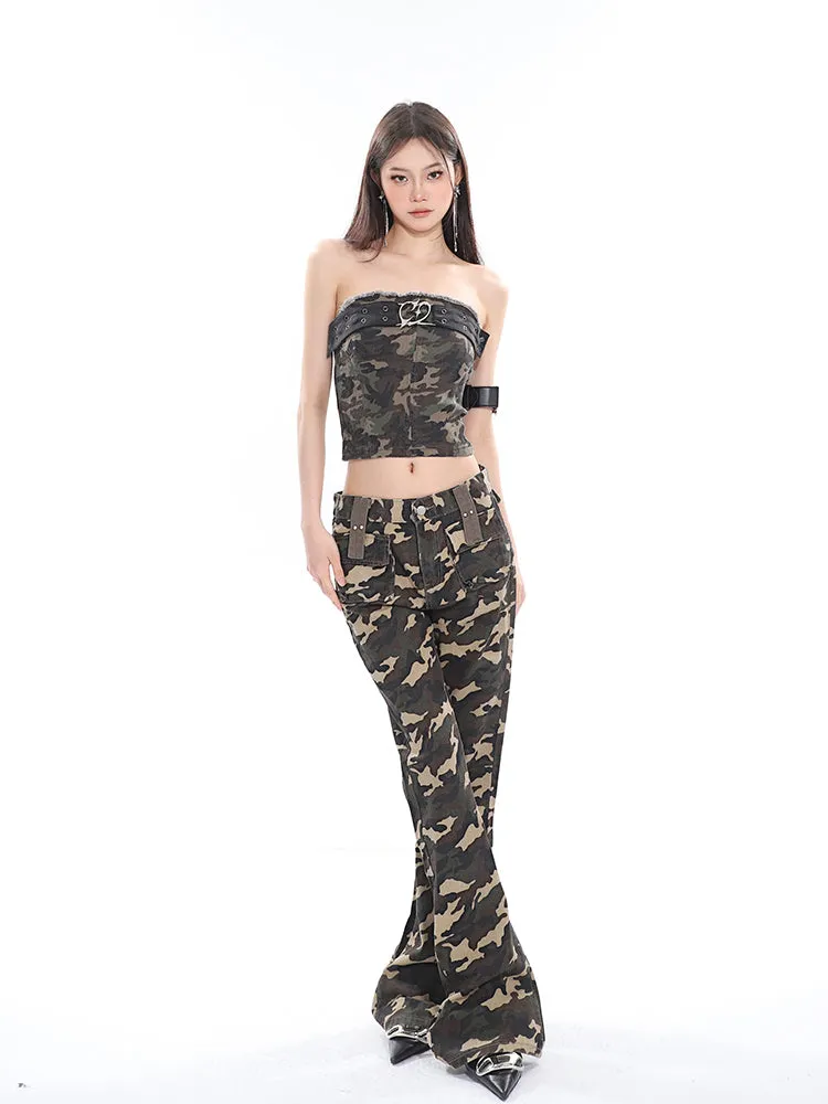 Crista Denim Army Green Camouflage High Waist Multi-Pocket Jeans Pants