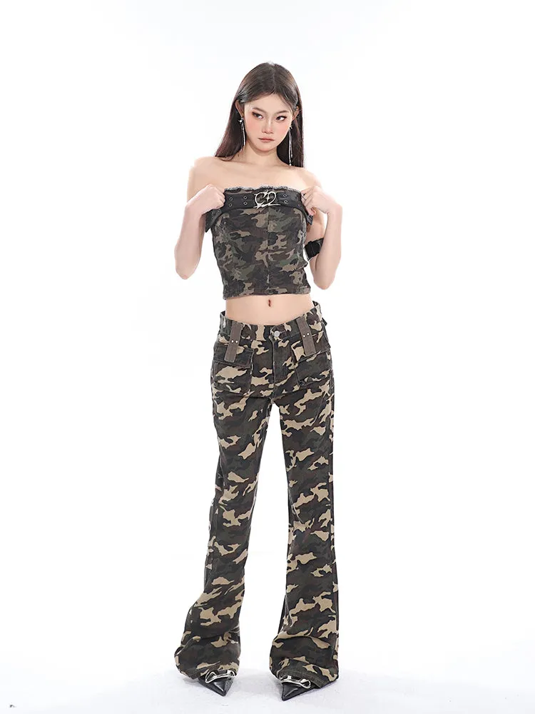 Crista Denim Army Green Camouflage High Waist Multi-Pocket Jeans Pants