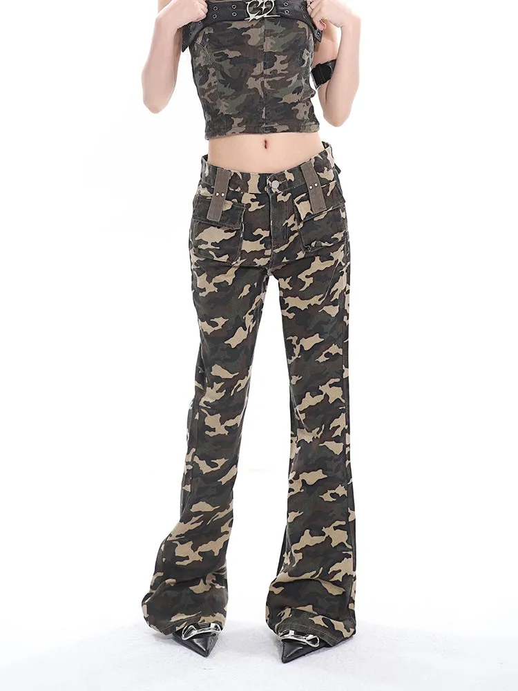 Crista Denim Army Green Camouflage High Waist Multi-Pocket Jeans Pants