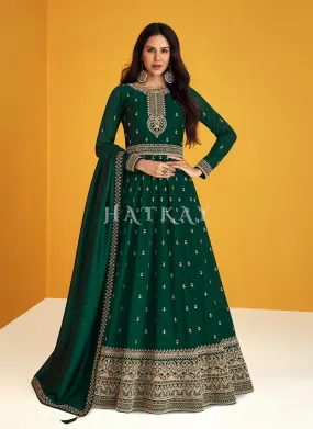 Dark Green Embroidered Silk Traditional Anarkali Suit