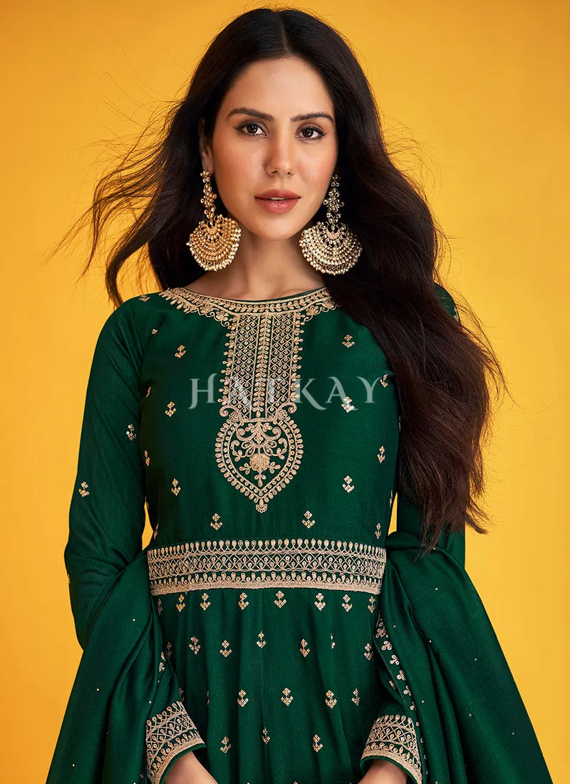 Dark Green Embroidered Silk Traditional Anarkali Suit