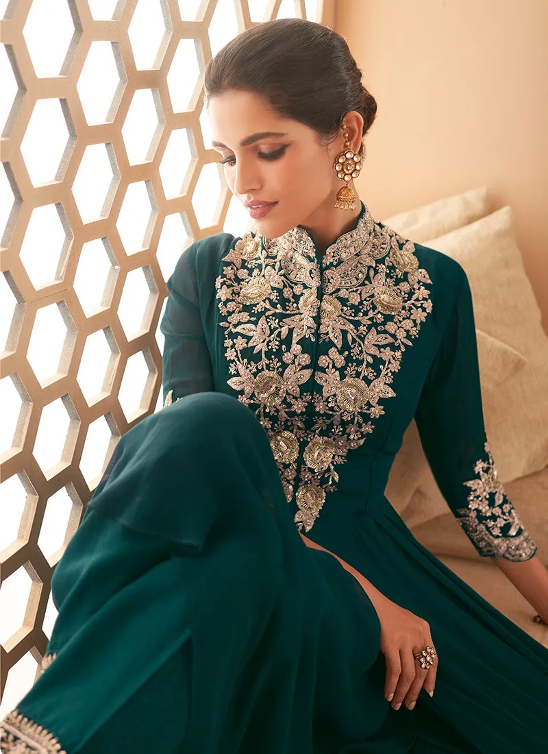 Dark Green Embroidery Slit Style Anarkali Pant Suit