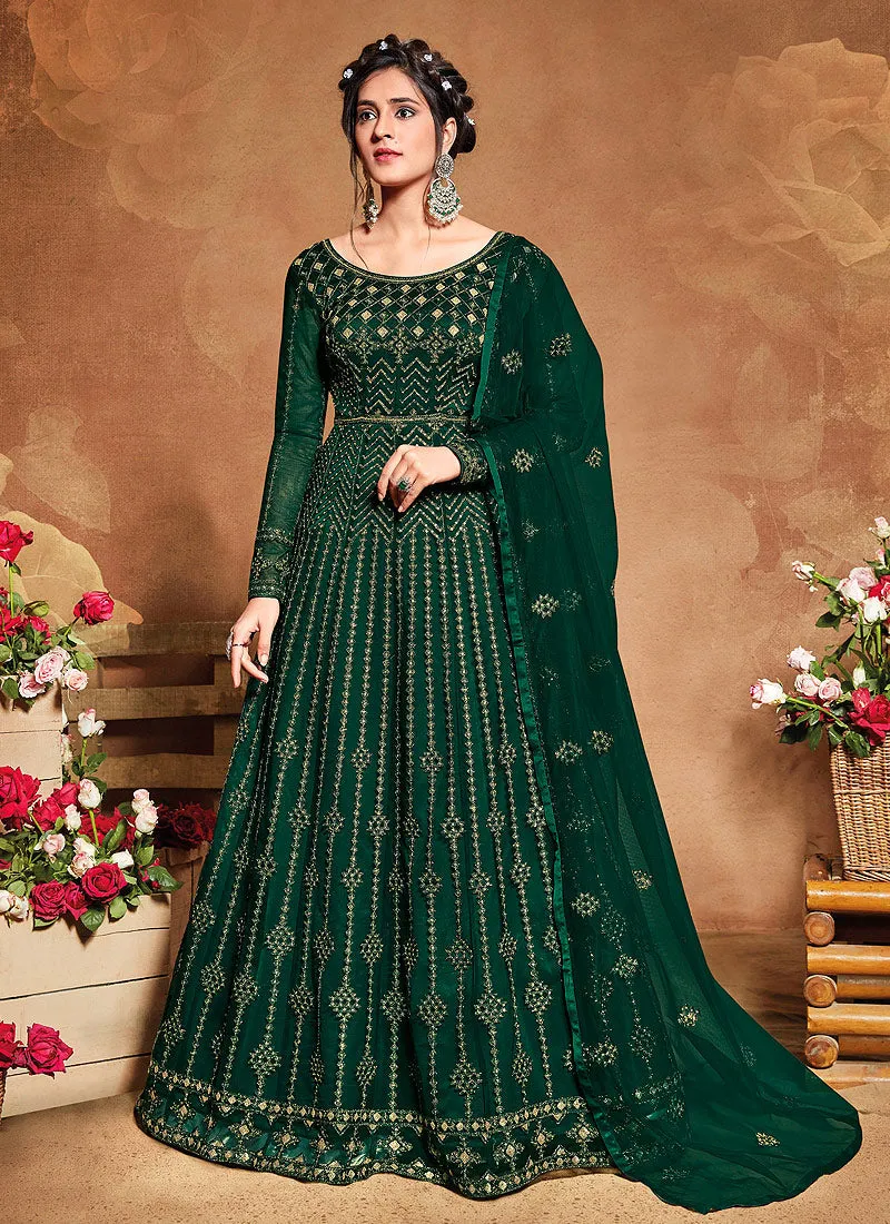 Dark Green Multi Embroidered Wedding Anarkali Suit