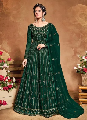 Dark Green Multi Embroidered Wedding Anarkali Suit