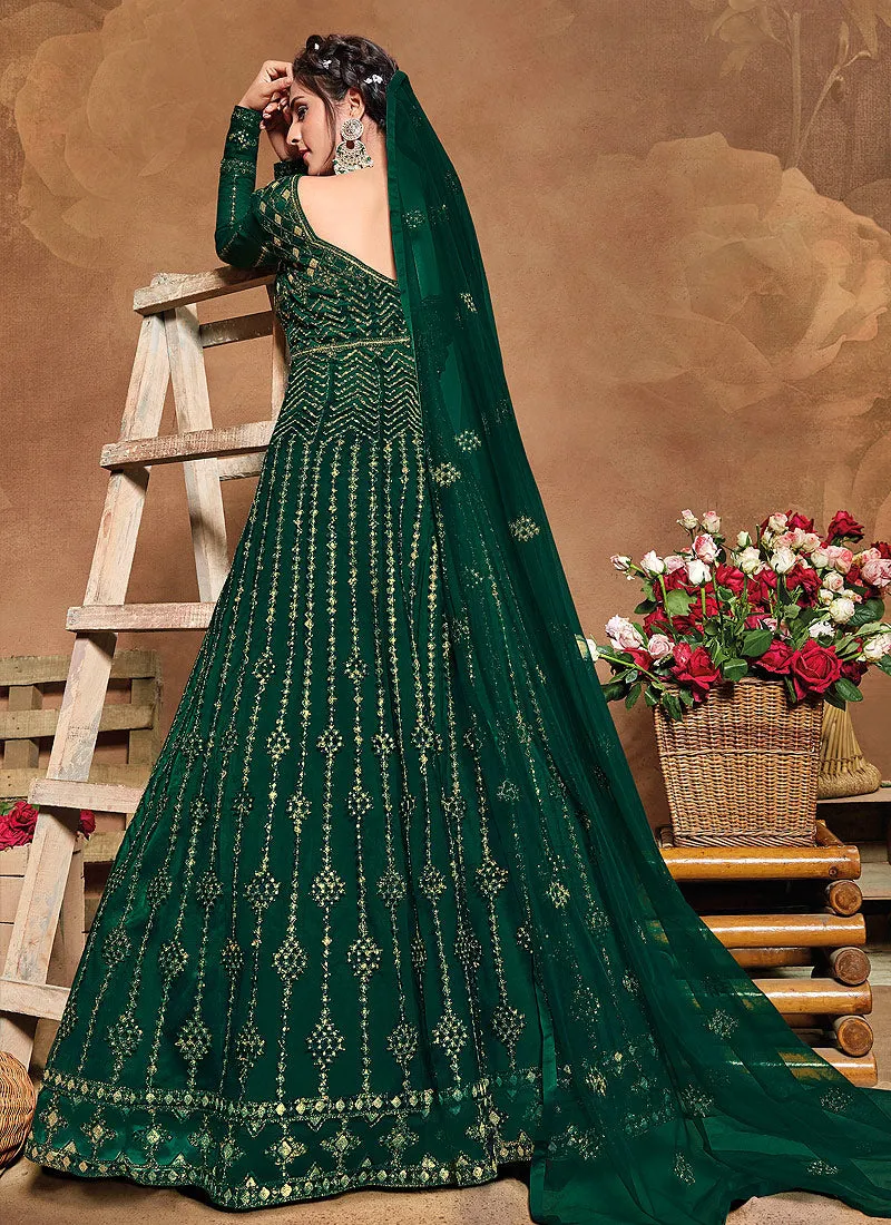 Dark Green Multi Embroidered Wedding Anarkali Suit