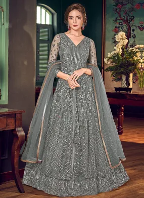 Dark Grey Embroidered Slit Style Anarkali Lehenga Suit