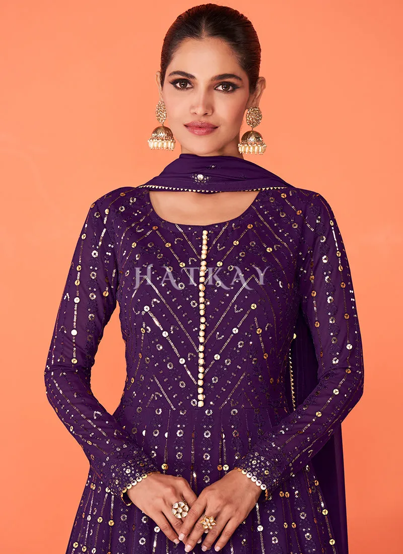 Dark Purple Sequence Embroidered Flared Anarkali Suit