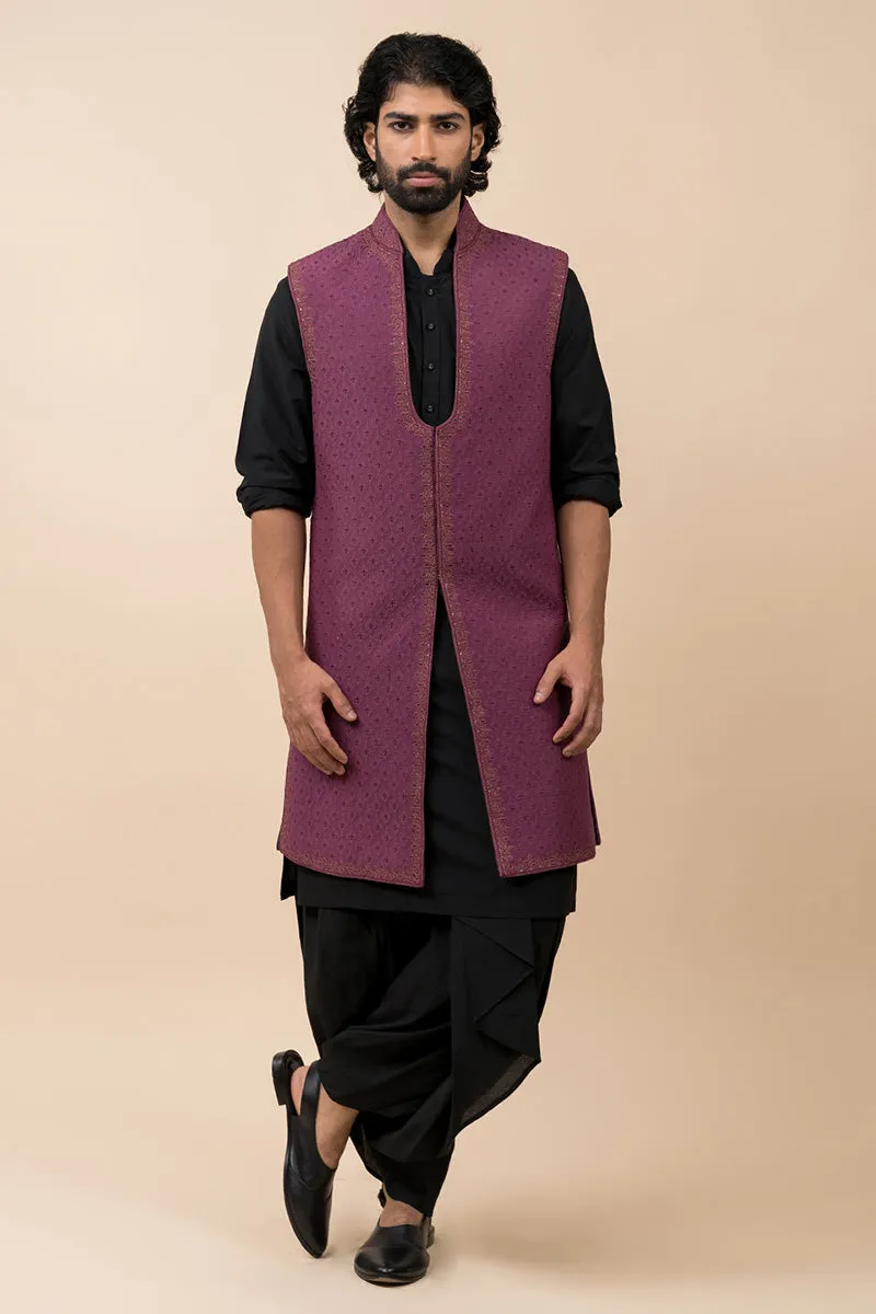 Dark Purple Zari Quilted Sleeveless Sherwani