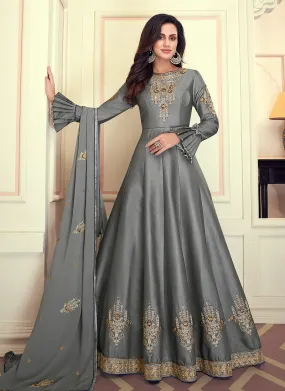 Deep Grey Designer Silk Anarkali Suit Set