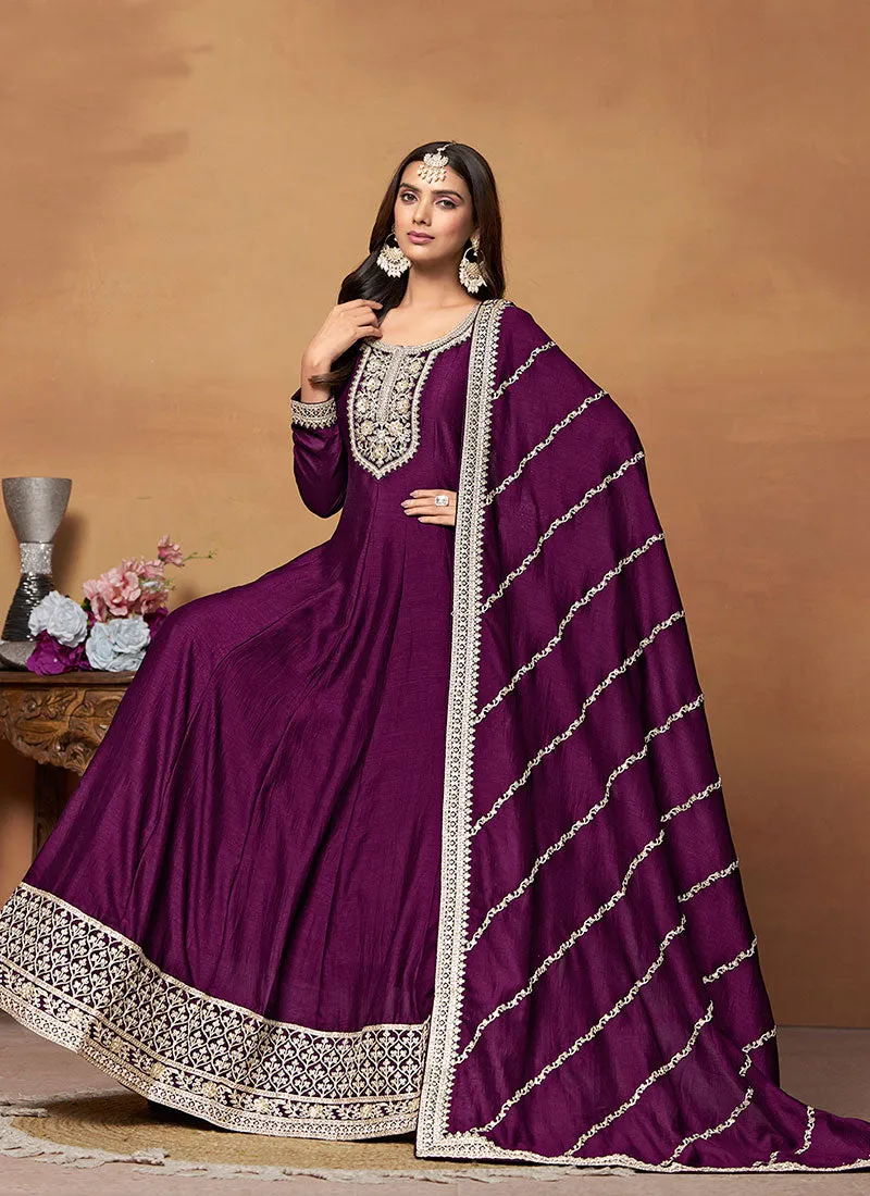 Deep Purple Embroidered Wedding Wear Anarkali Suit