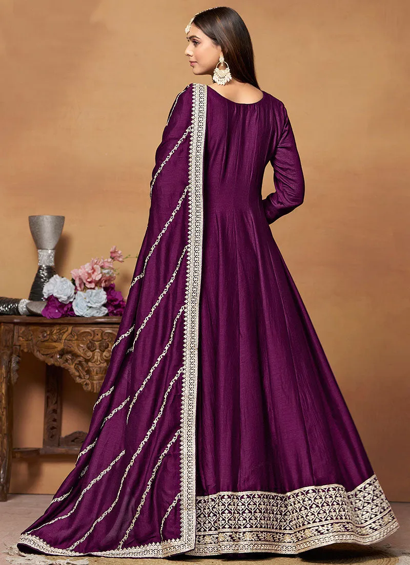 Deep Purple Embroidered Wedding Wear Anarkali Suit