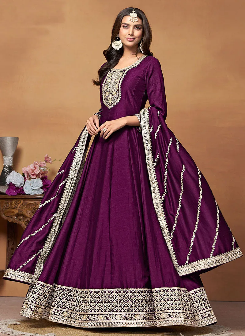 Deep Purple Embroidered Wedding Wear Anarkali Suit