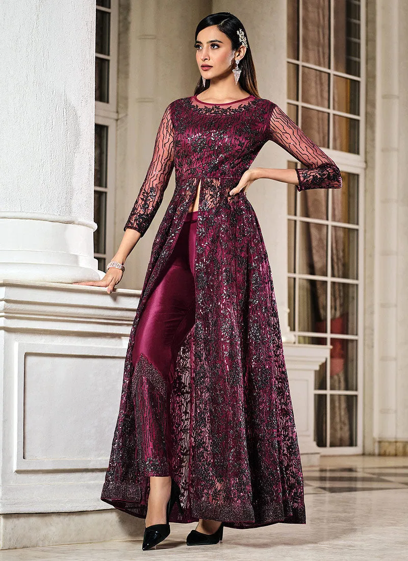 Deep Wine Sequence Embroidered Designer Anarkali Lehenga/Pant Suit