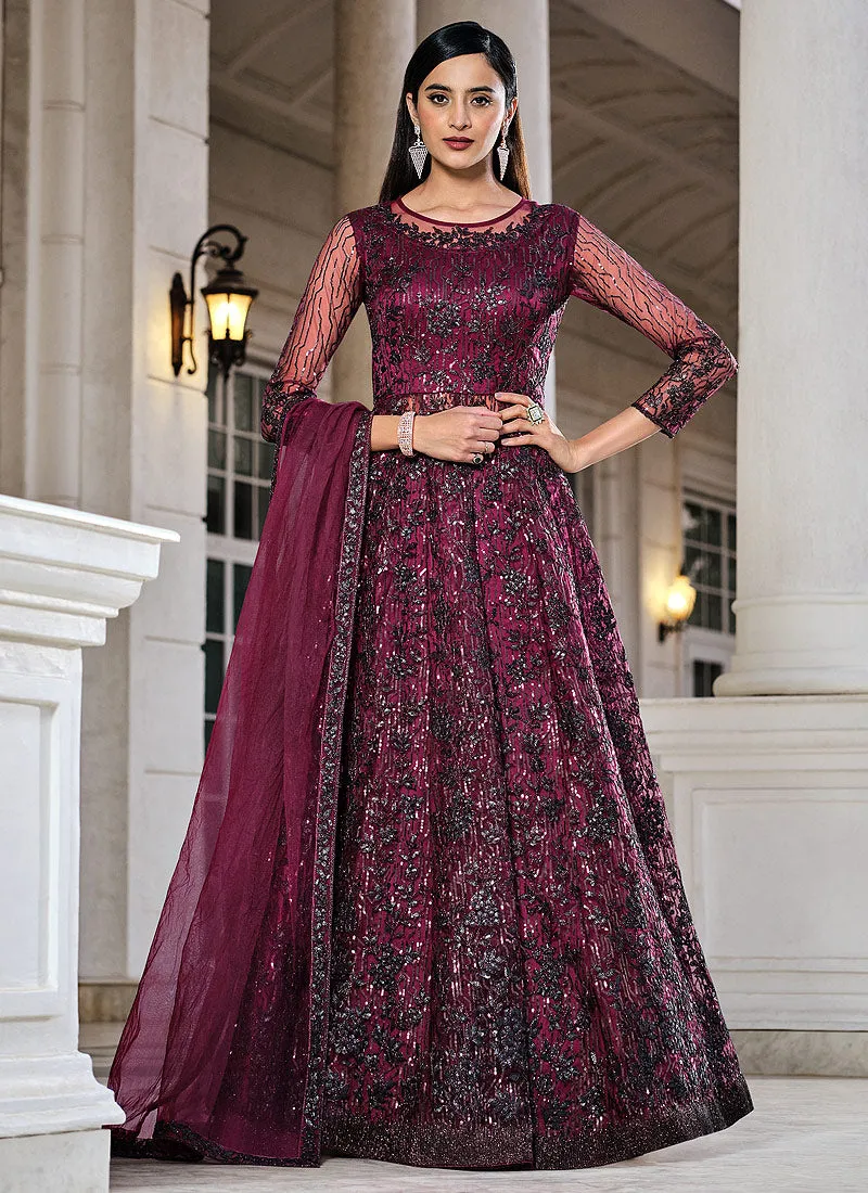 Deep Wine Sequence Embroidered Designer Anarkali Lehenga/Pant Suit