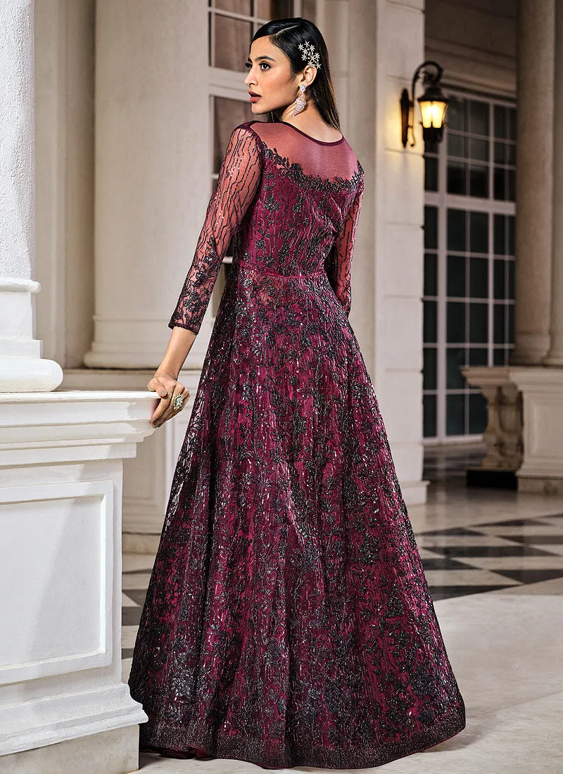 Deep Wine Sequence Embroidered Designer Anarkali Lehenga/Pant Suit