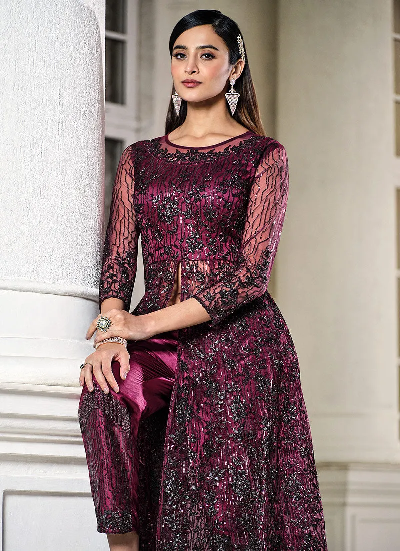 Deep Wine Sequence Embroidered Designer Anarkali Lehenga/Pant Suit