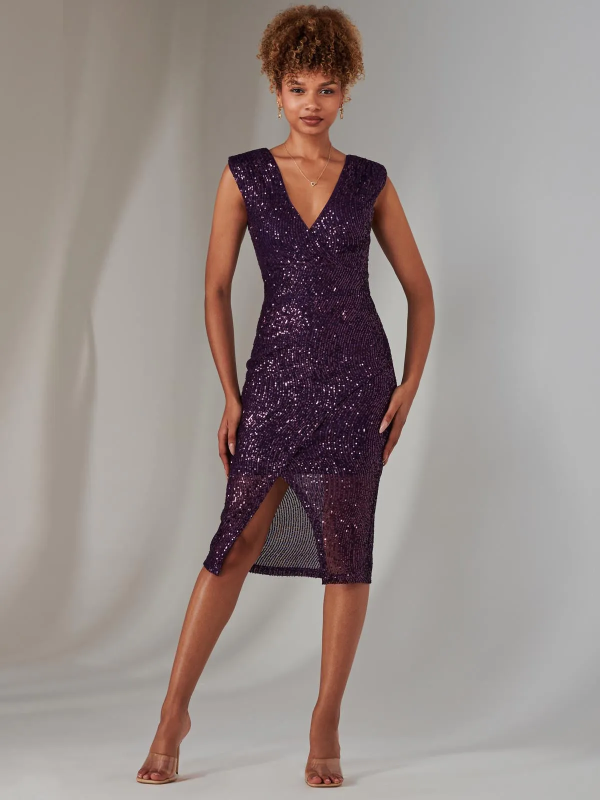 Deja Sequin Midi Dress With Slit, Dark Purple