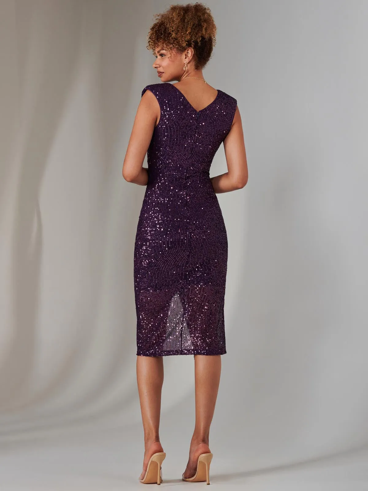 Deja Sequin Midi Dress With Slit, Dark Purple