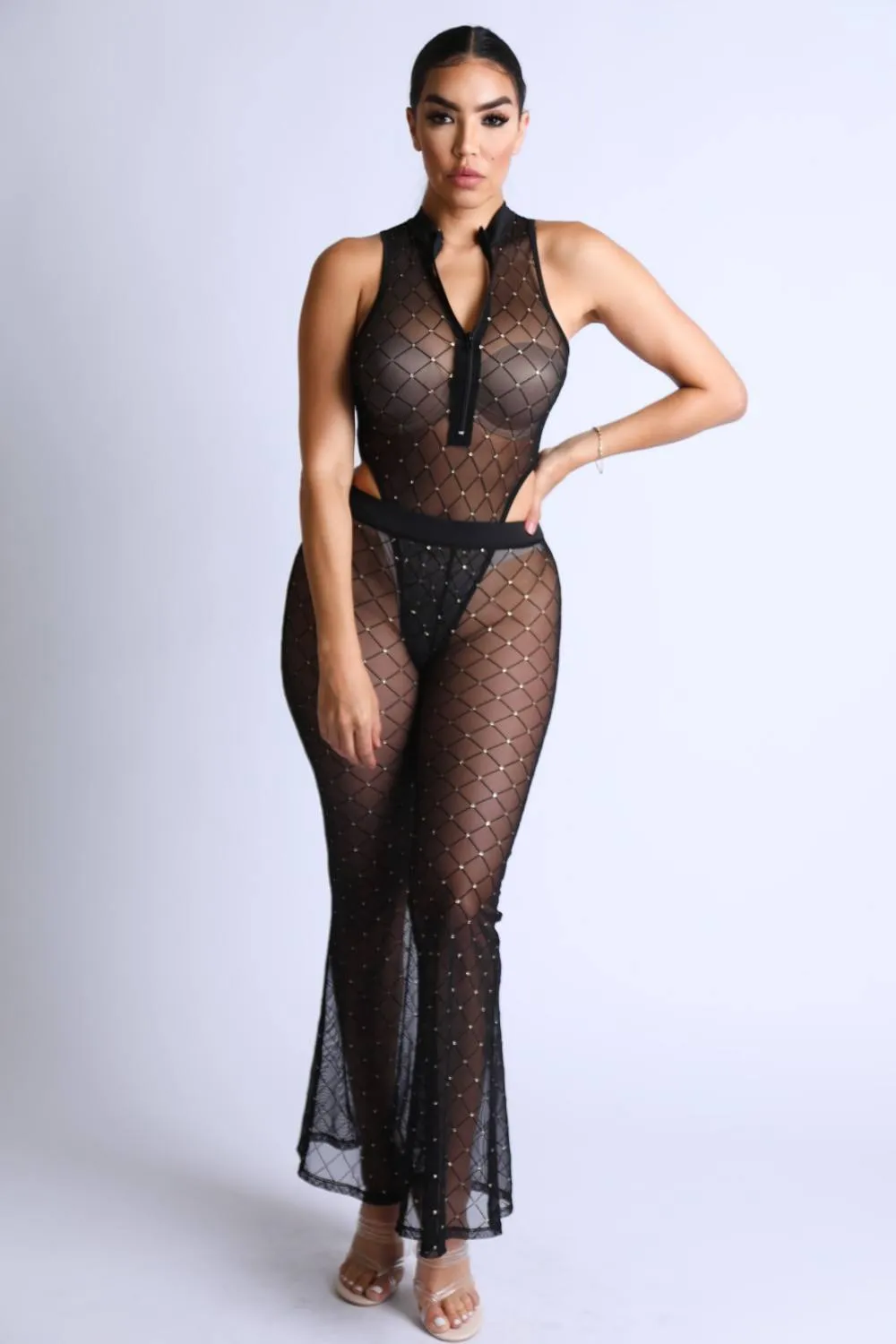 Diamond Mesh Bodysuit Set With Flared Pants