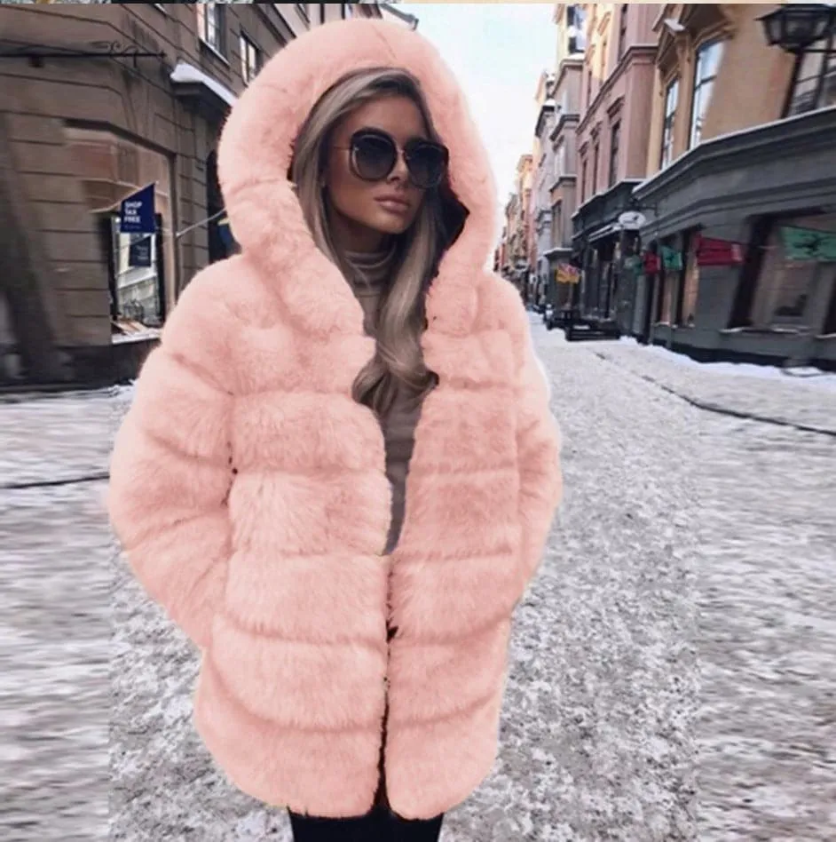 DressBetty - Warm Fox Fur Winter Long Sleeve Hooded Coat Women's Coat