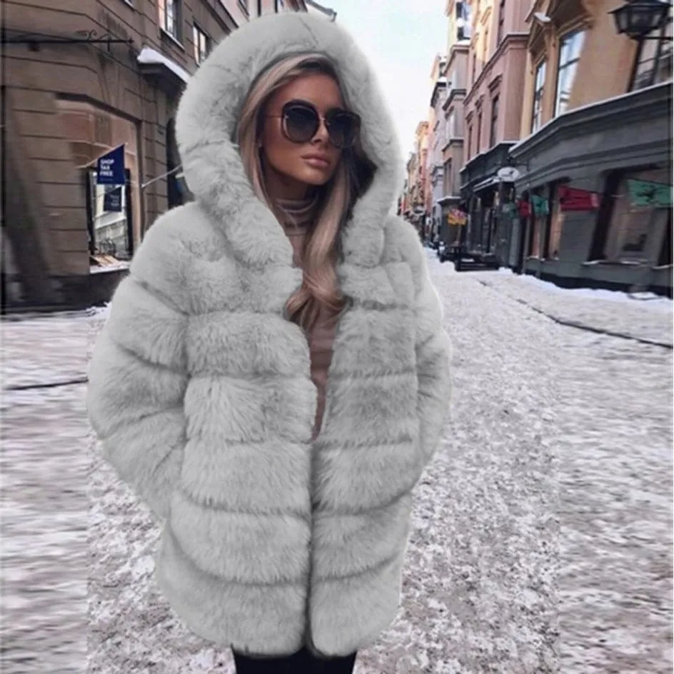 DressBetty - Warm Fox Fur Winter Long Sleeve Hooded Coat Women's Coat