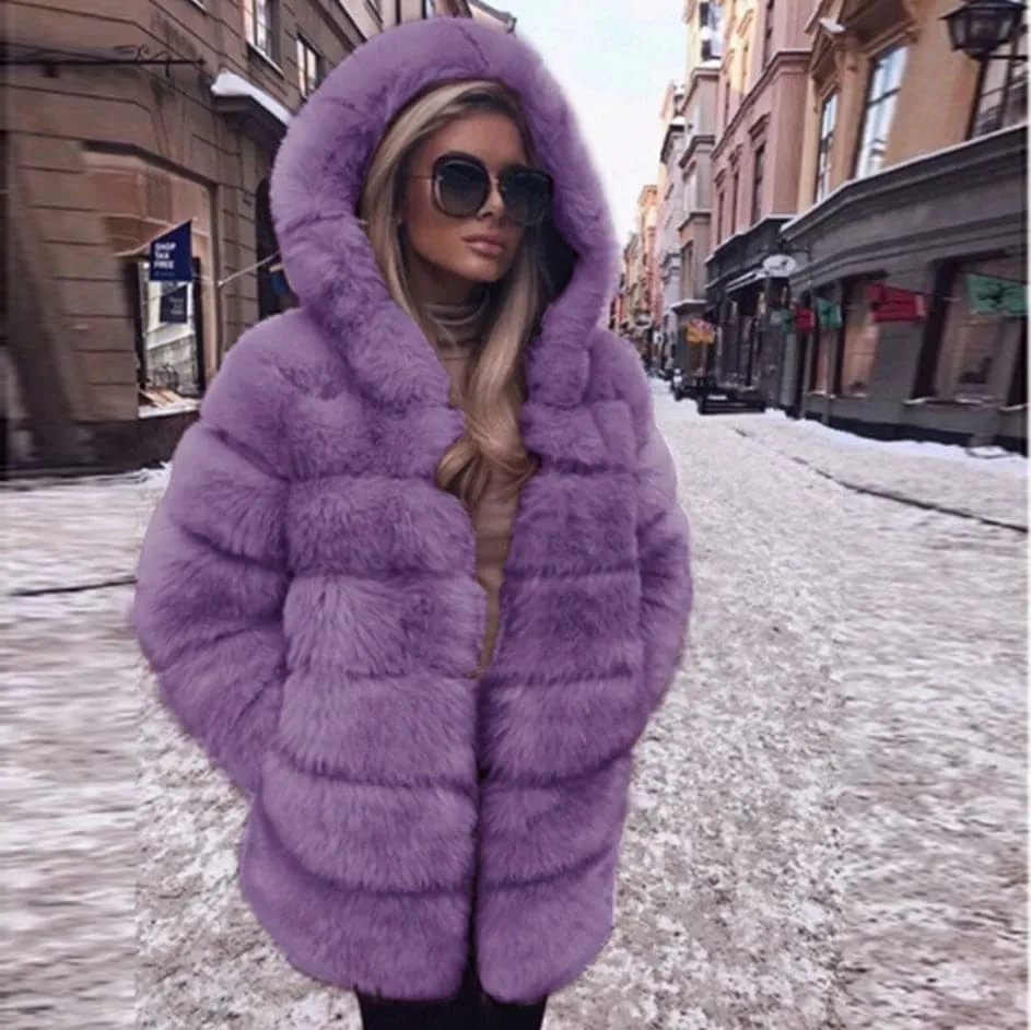 DressBetty - Warm Fox Fur Winter Long Sleeve Hooded Coat Women's Coat