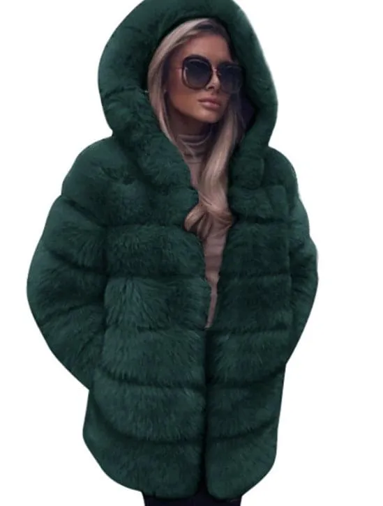 DressBetty - Warm Fox Fur Winter Long Sleeve Hooded Coat Women's Coat