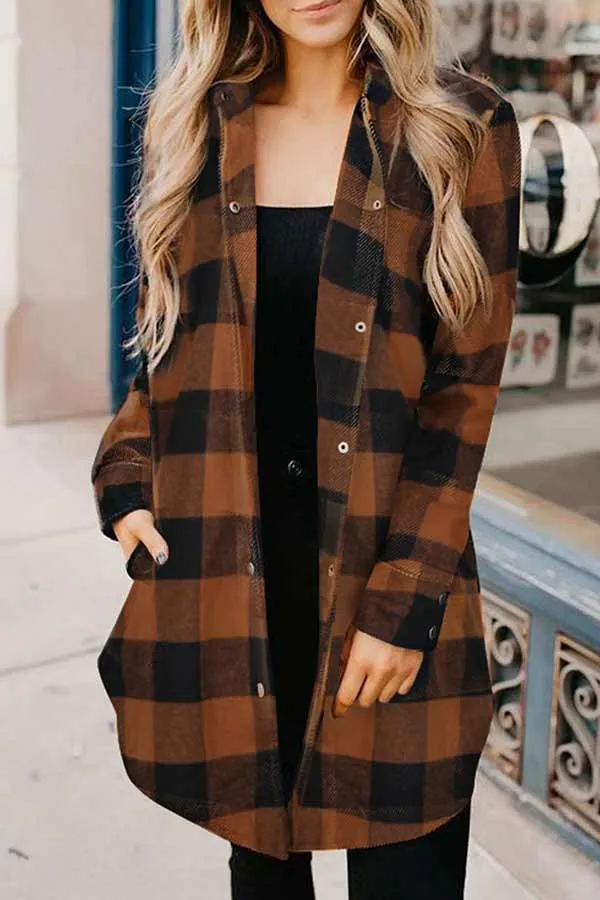 Dunnmall Casual Mid Length Plaid Print Coat