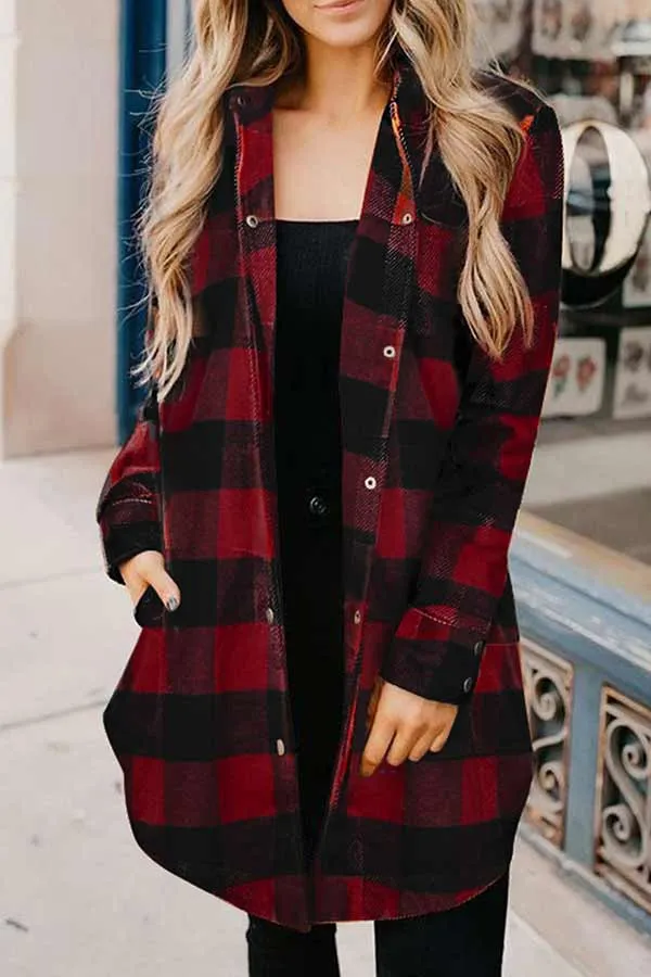 Dunnmall Casual Mid Length Plaid Print Coat