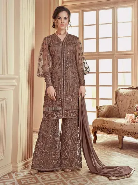 Dusty Brown Heavily Embroidered Festive Palazzo Suit