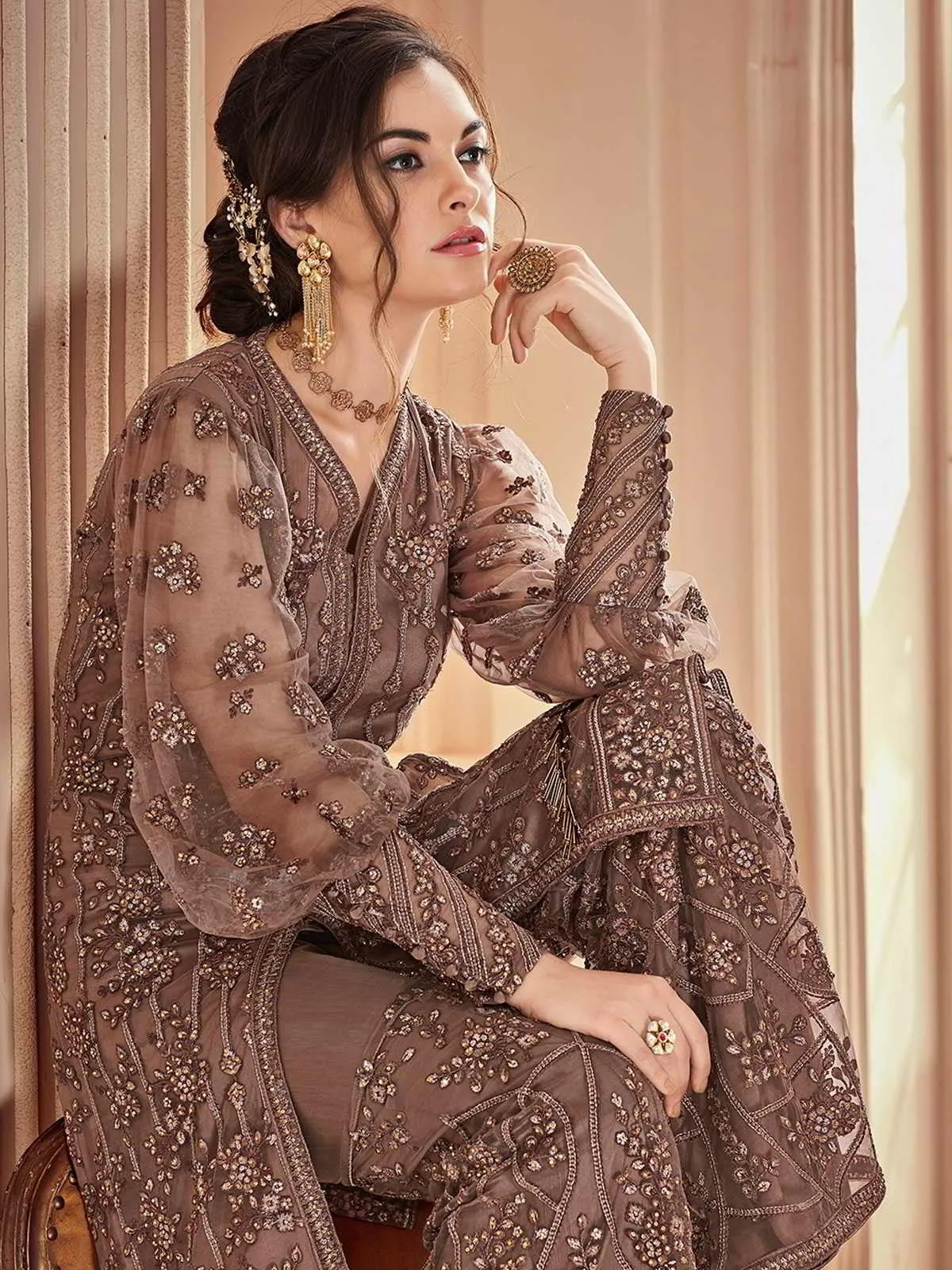 Dusty Brown Heavily Embroidered Festive Palazzo Suit