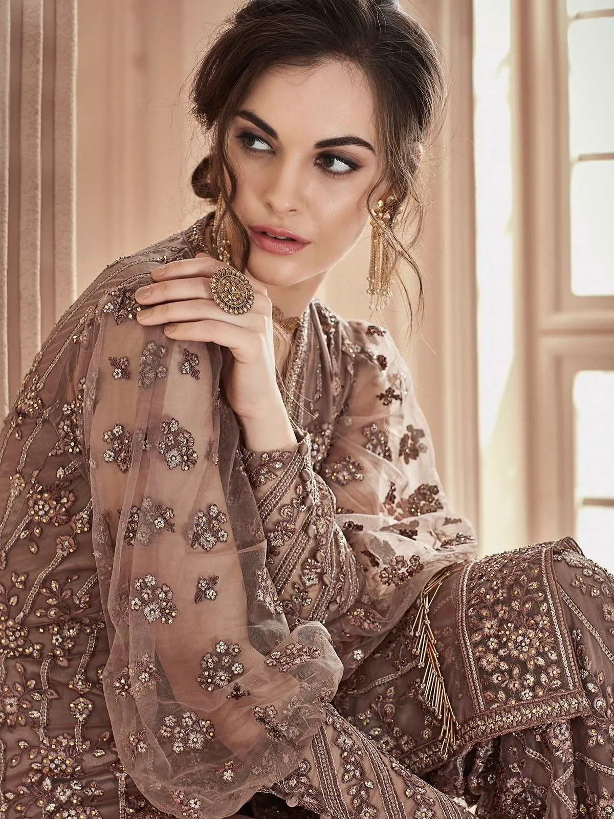 Dusty Brown Heavily Embroidered Festive Palazzo Suit