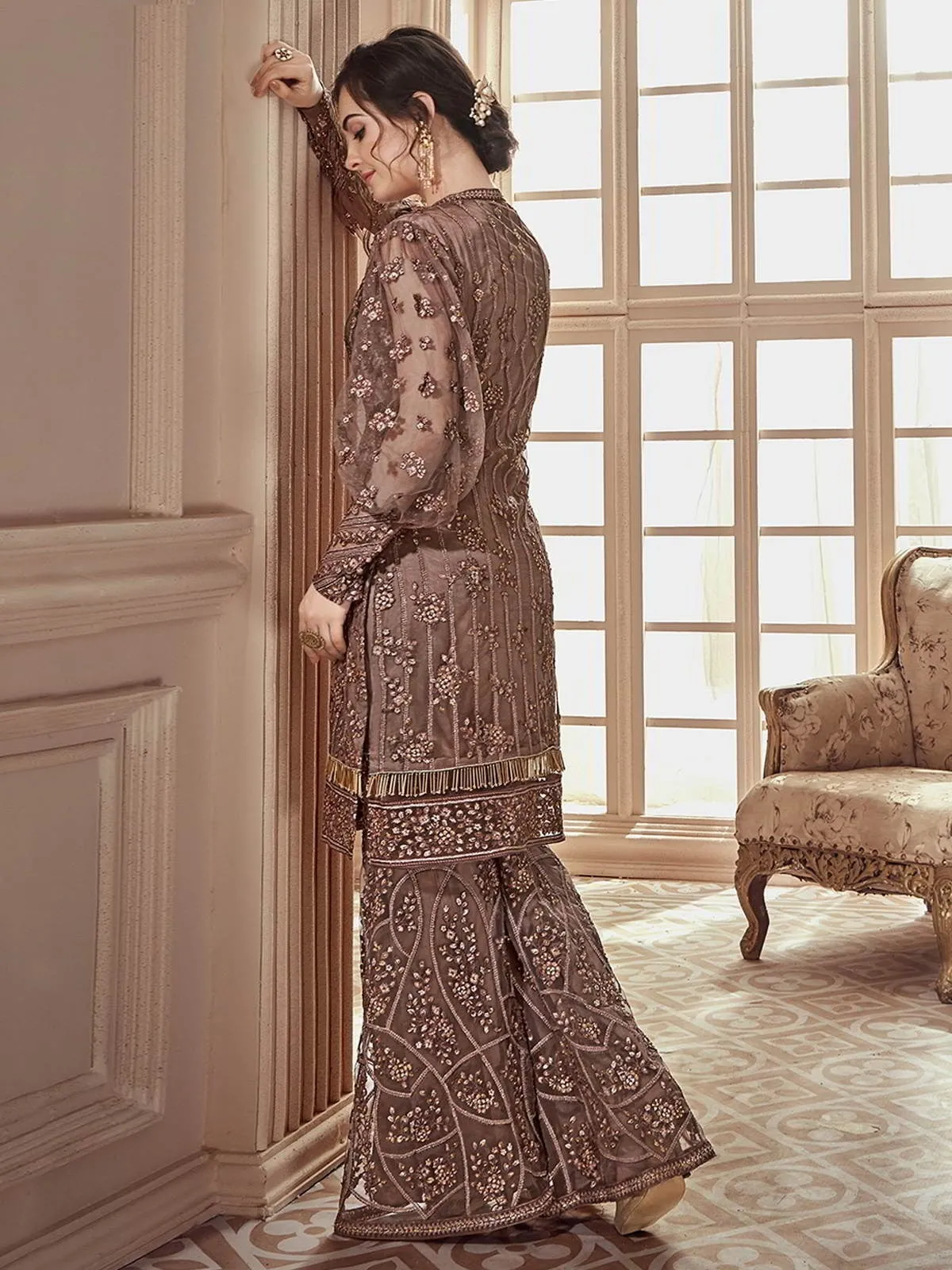 Dusty Brown Heavily Embroidered Festive Palazzo Suit