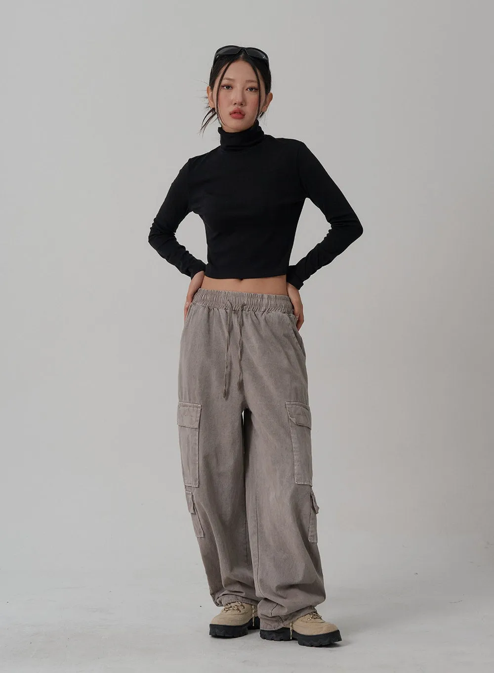 Elastic Waist Vintage Cargo Wide Pants CN03