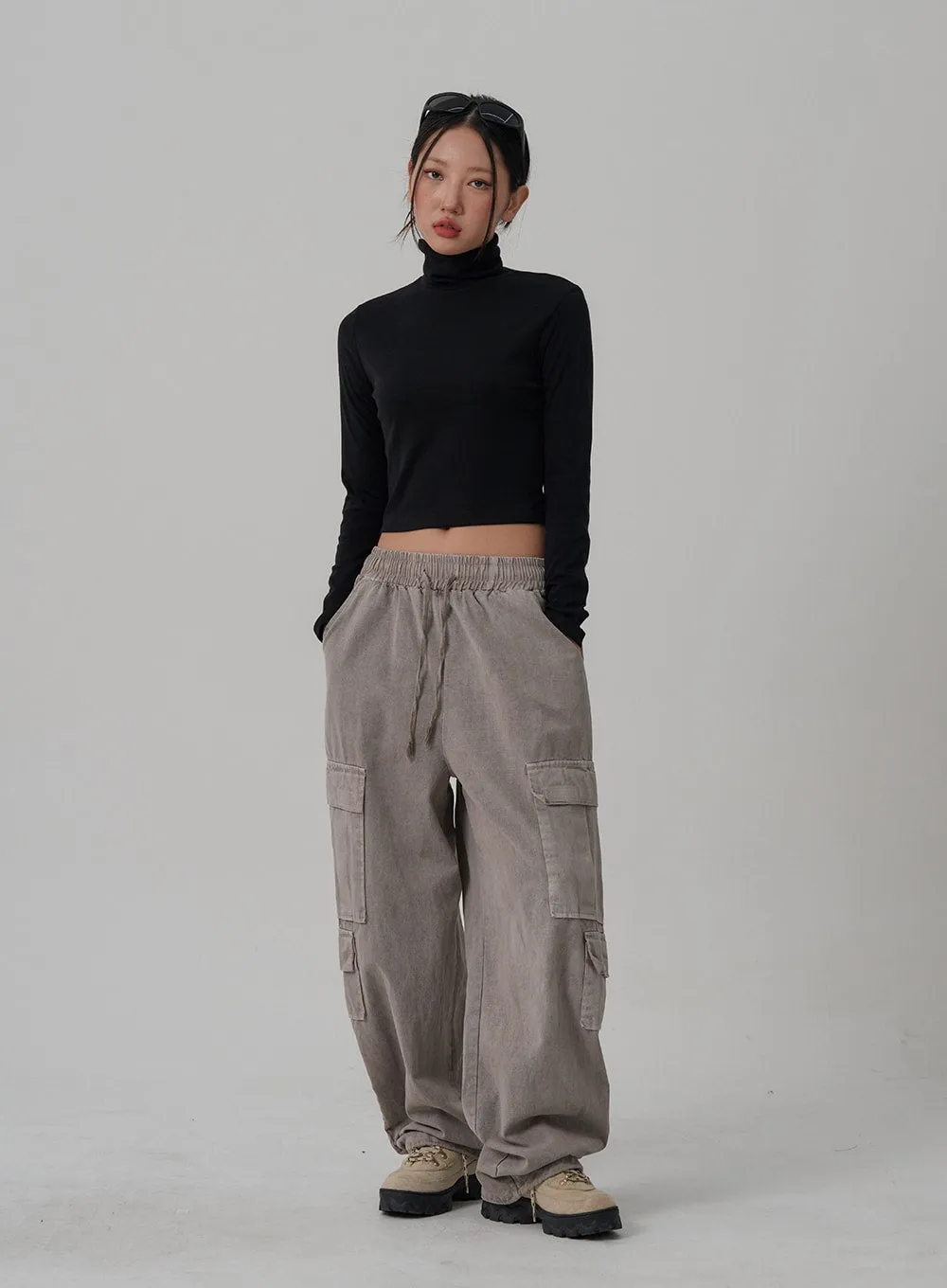 Elastic Waist Vintage Cargo Wide Pants CN03