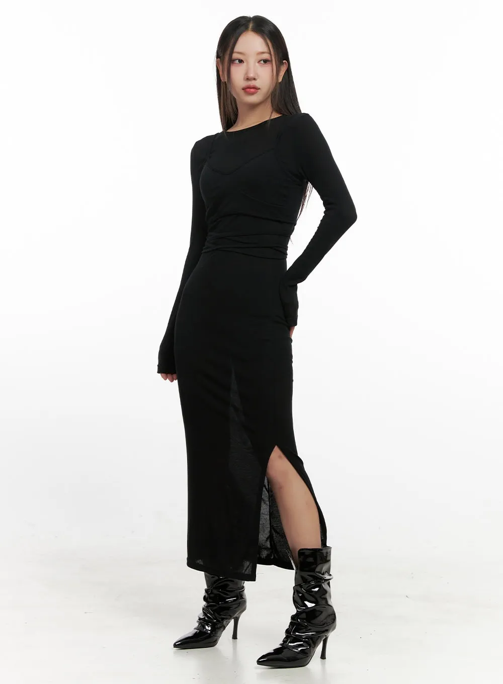 Elegant Round Neck Long Sleeve Maxi Dress CN419