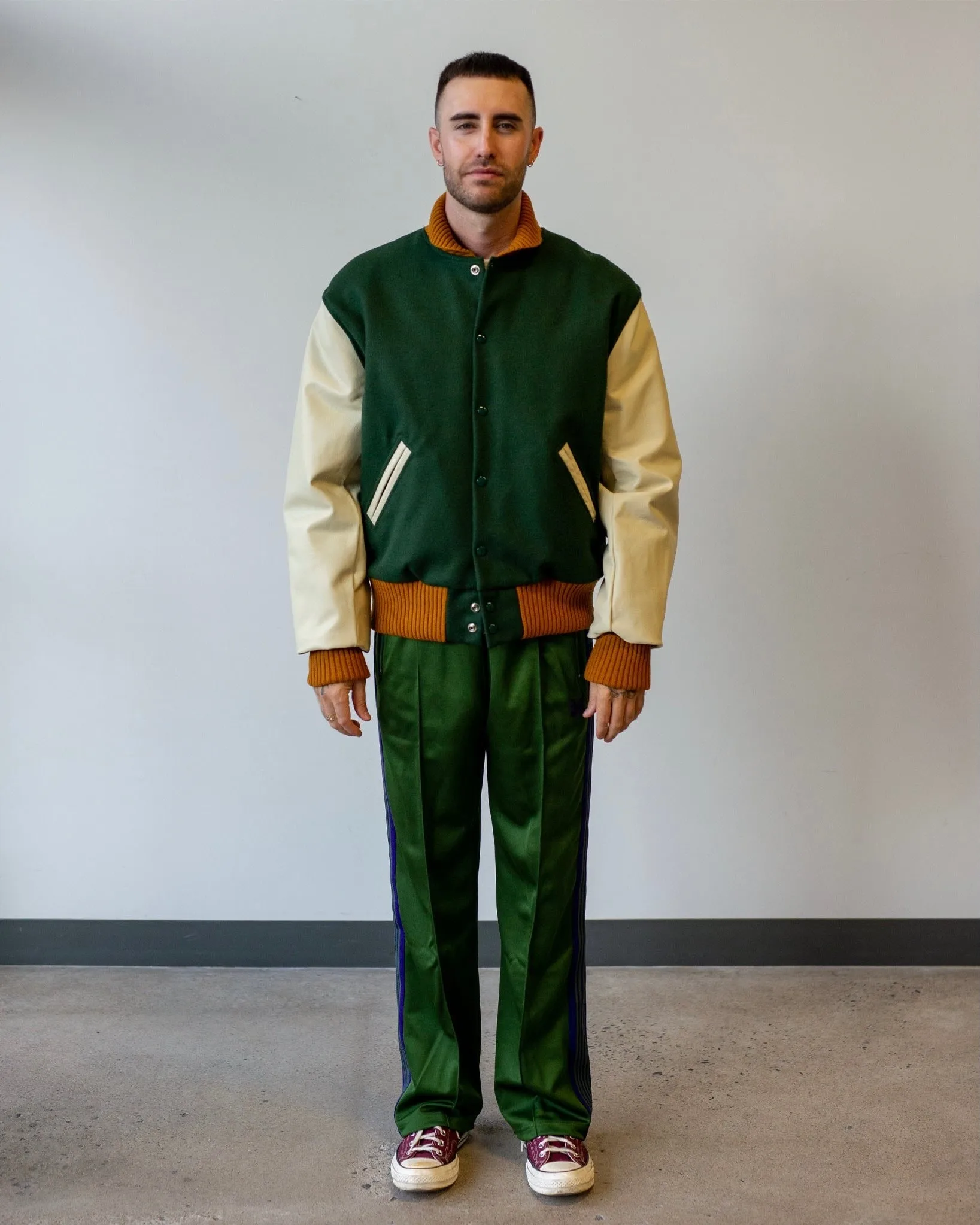 Engineered Garments Varsity Jacket Olive Wool Melton