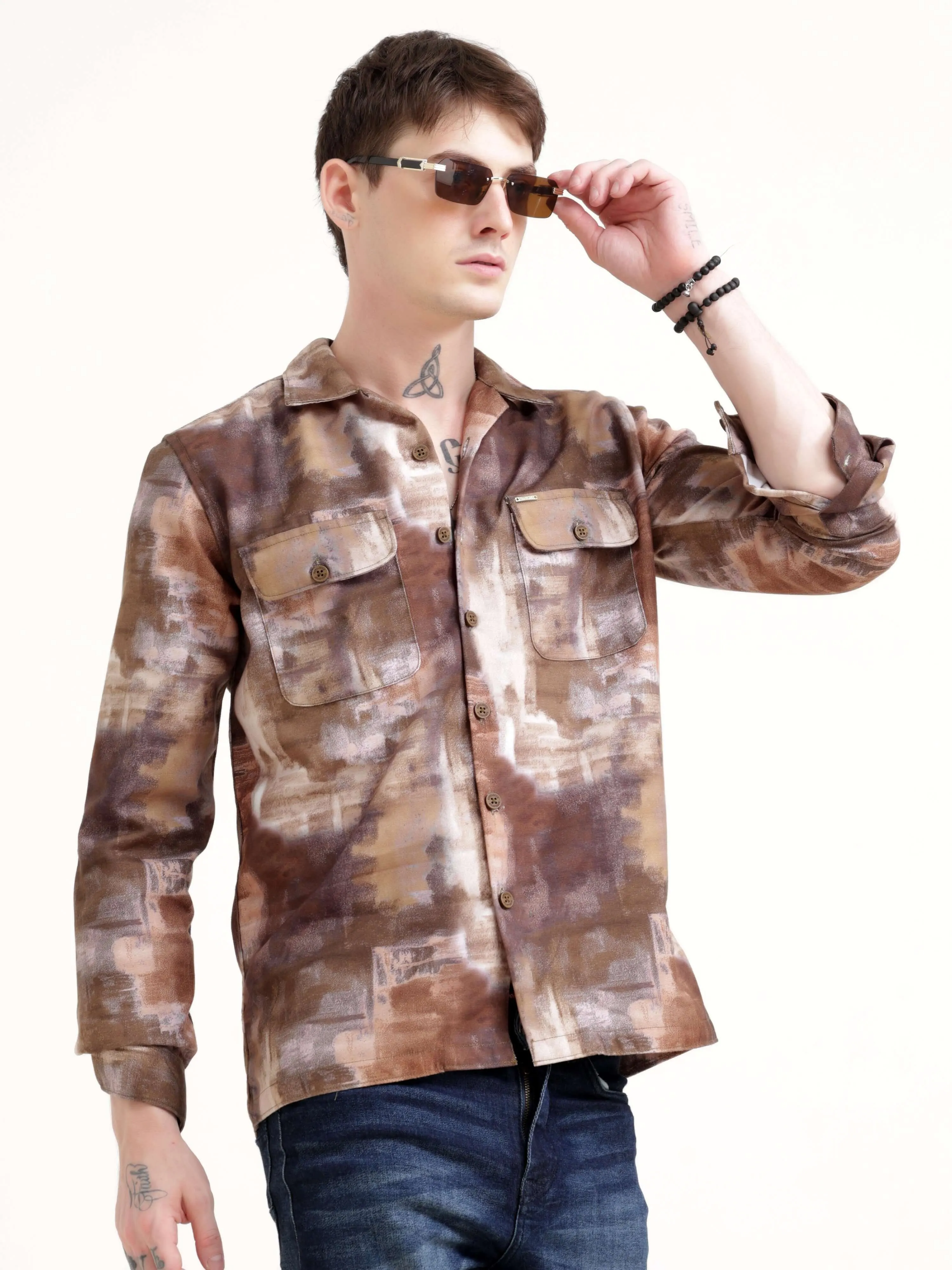 Enigmatic Multi Splash Brown Overshirt