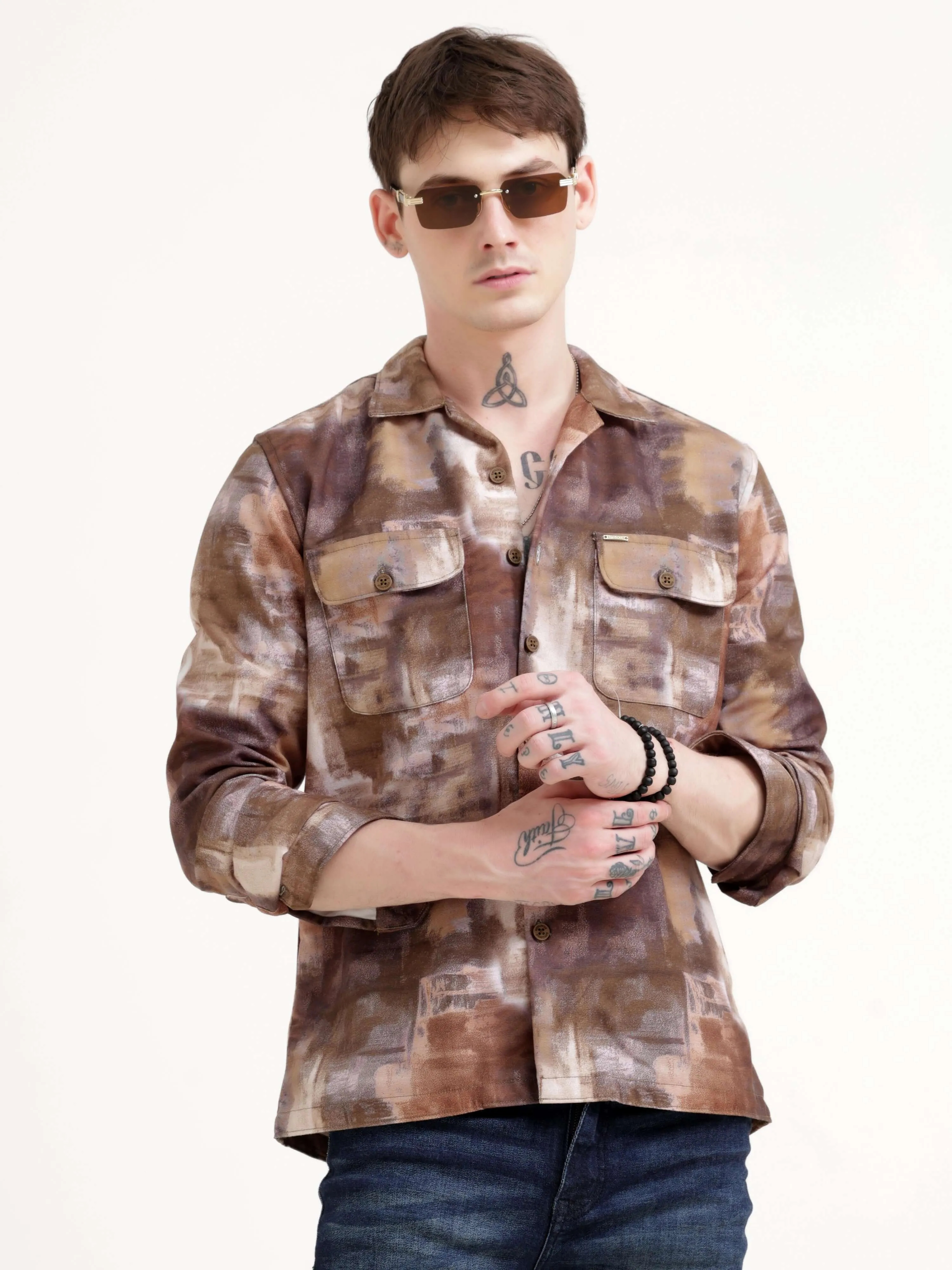 Enigmatic Multi Splash Brown Overshirt