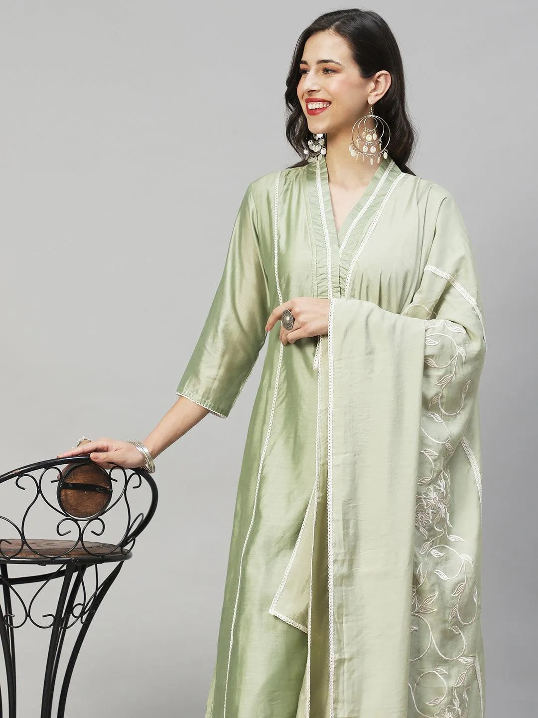 Ethnic A-Line Kurta with Pants & Dupatta - Sage Green