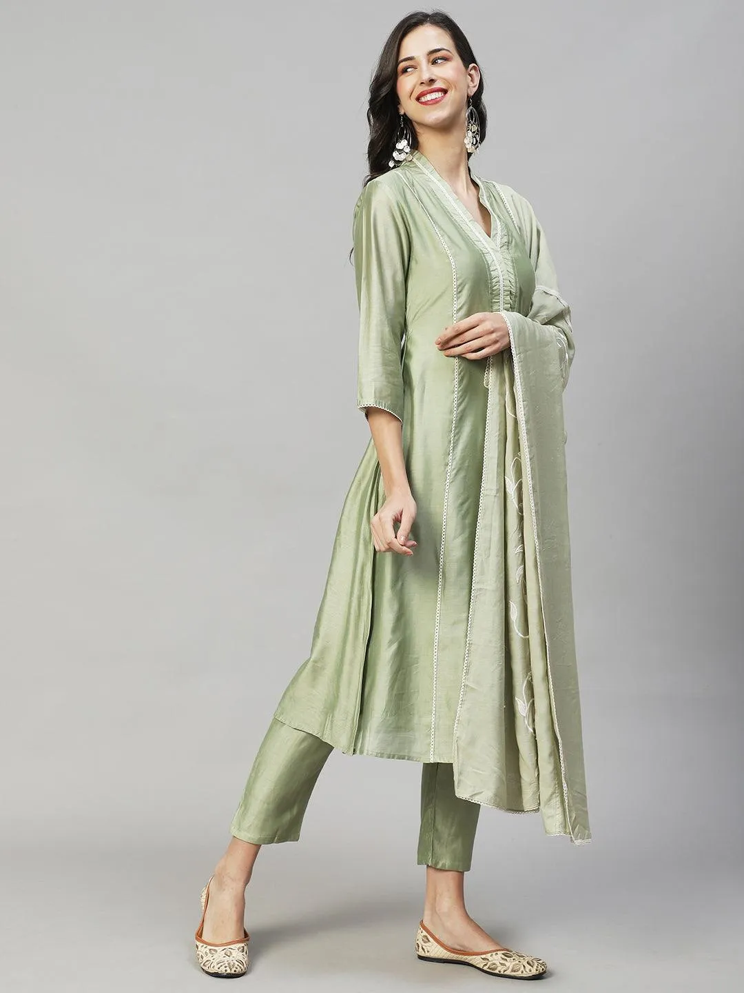 Ethnic A-Line Kurta with Pants & Dupatta - Sage Green