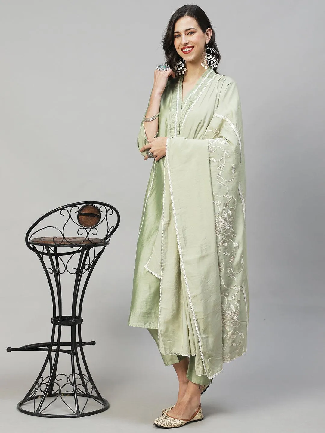 Ethnic A-Line Kurta with Pants & Dupatta - Sage Green