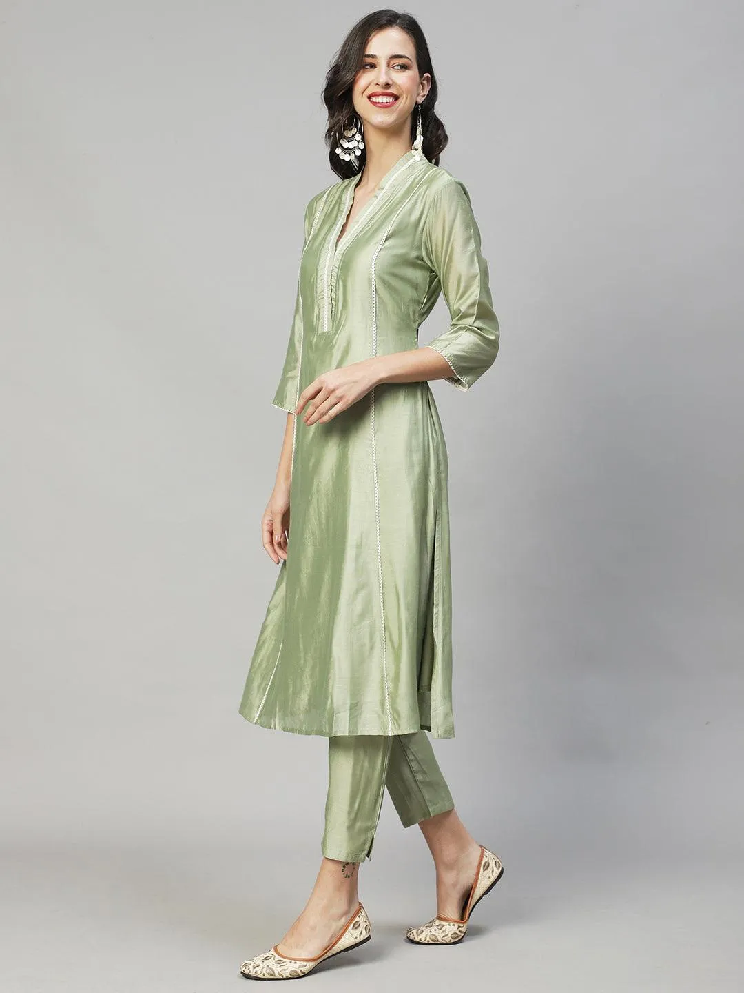 Ethnic A-Line Kurta with Pants & Dupatta - Sage Green