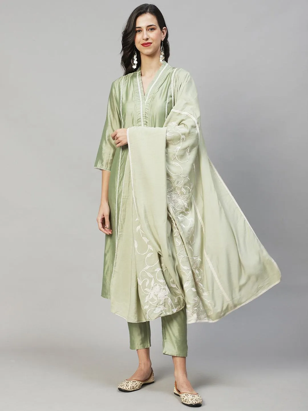 Ethnic A-Line Kurta with Pants & Dupatta - Sage Green