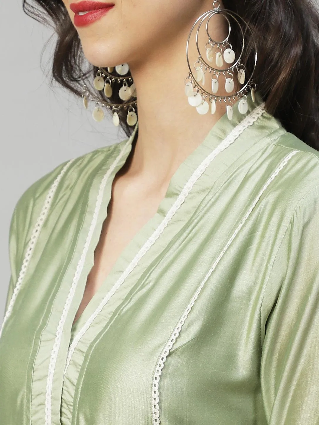 Ethnic A-Line Kurta with Pants & Dupatta - Sage Green