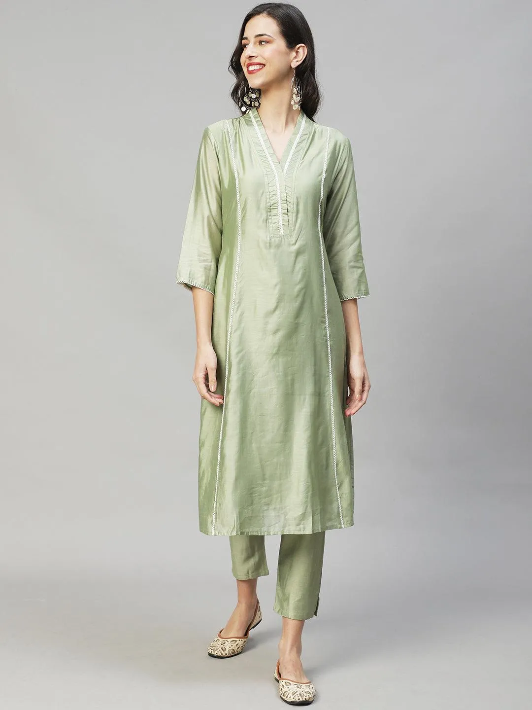 Ethnic A-Line Kurta with Pants & Dupatta - Sage Green