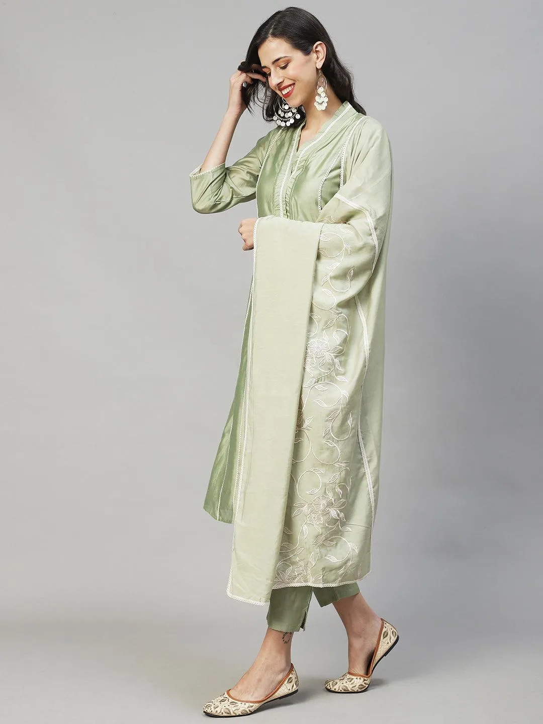 Ethnic A-Line Kurta with Pants & Dupatta - Sage Green