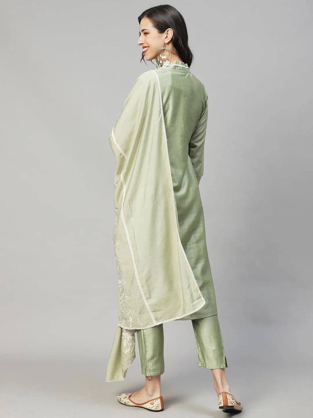 Ethnic A-Line Kurta with Pants & Dupatta - Sage Green